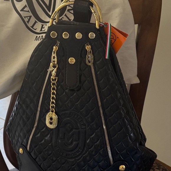 MARINO ORLANDI BLACK embossed, Italian Leather Shoulder Bag- Handbag- Sling NWT - Picture 2 of 4